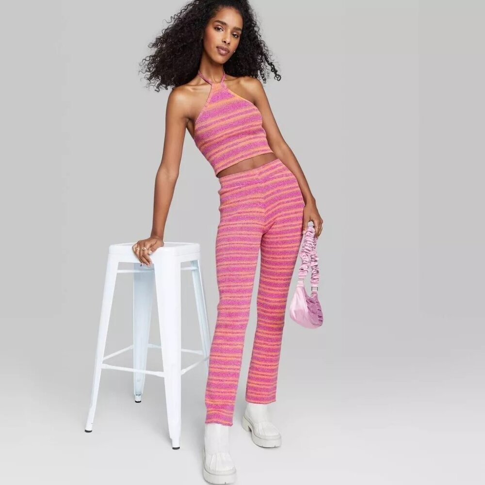 Wild Fable High-Rise Flare Sweater Knit Pants in Plum Purple Striped